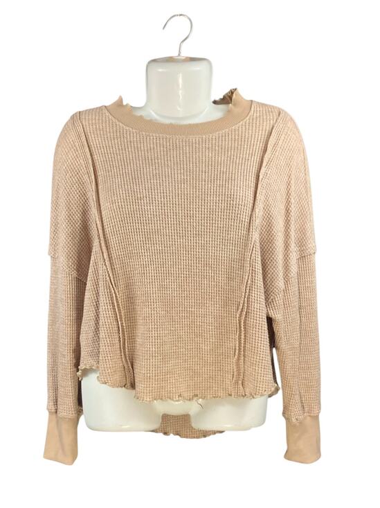 Umgee Tops - Umgee Women's Light Beige Waffle Knit Long Sleeve Ruffle Neck Pullover Sweater S
